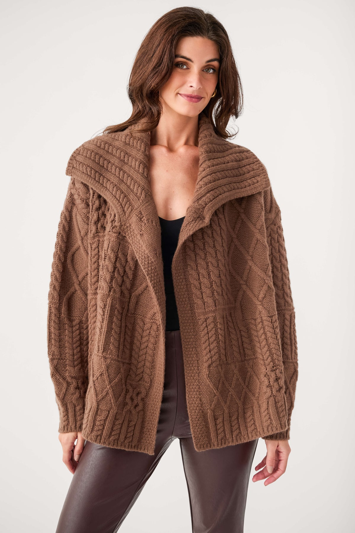 Brown cable-knit wrap cardigan with textured shawl collar and open front