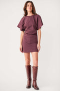 Dark mini dress with kimono sleeves, round neck and short cuffed silhouette