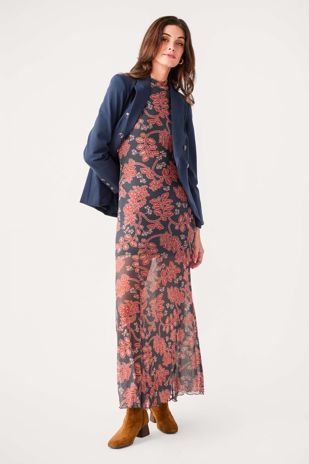 Charcoal floral mockneck maxi dress with long sleeves under dark blazer