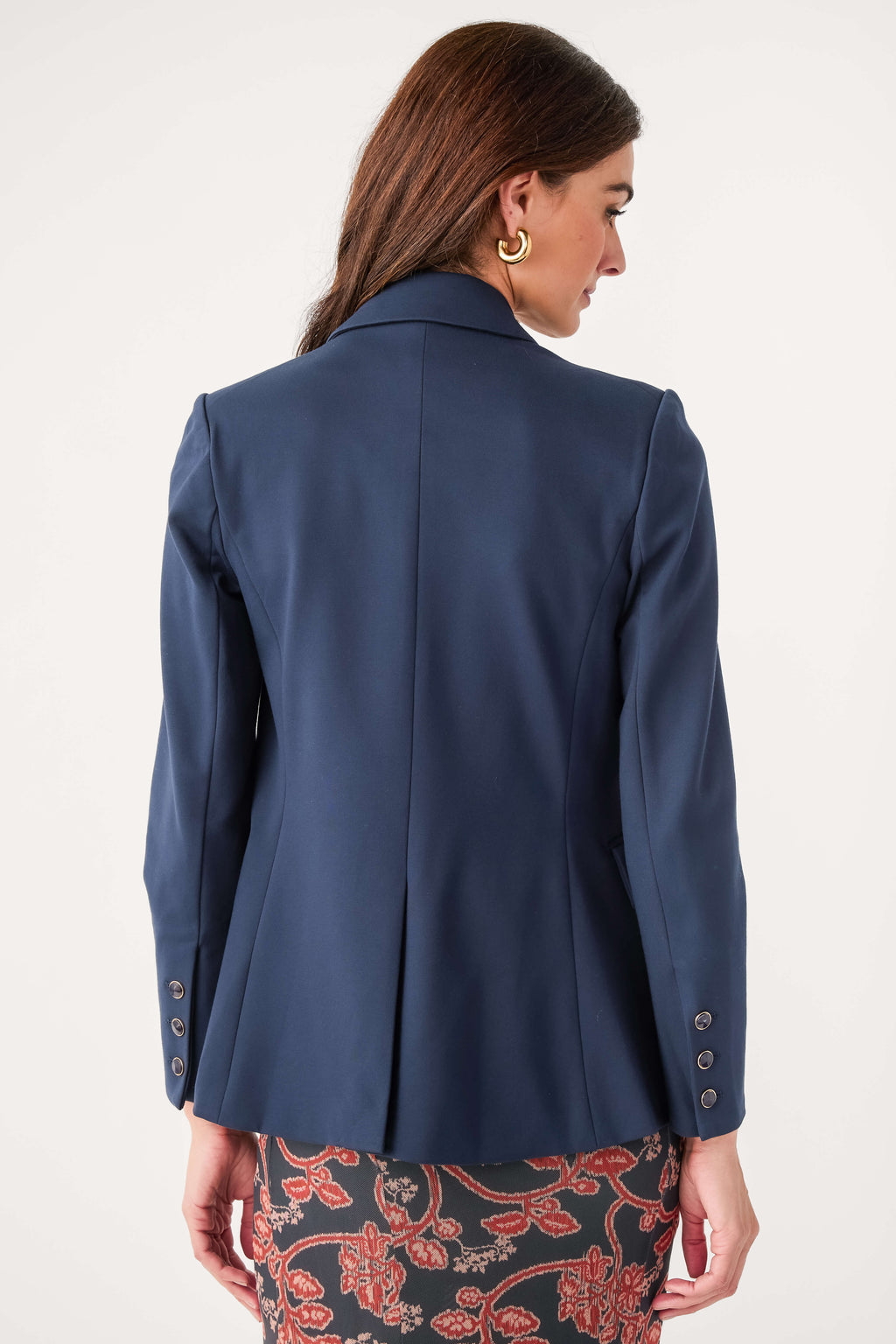 Navy double-breasted blazer with back yoke and buttoned cuffs