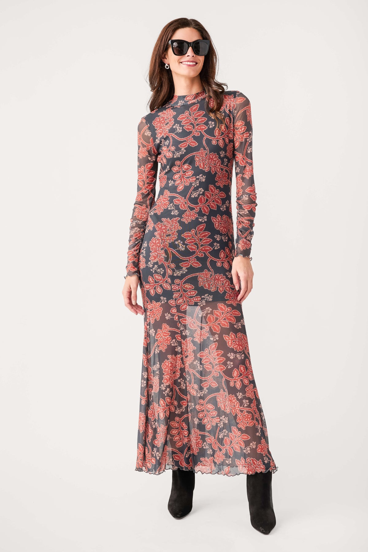 Charcoal floral mockneck maxi dress, front view with long sleeves