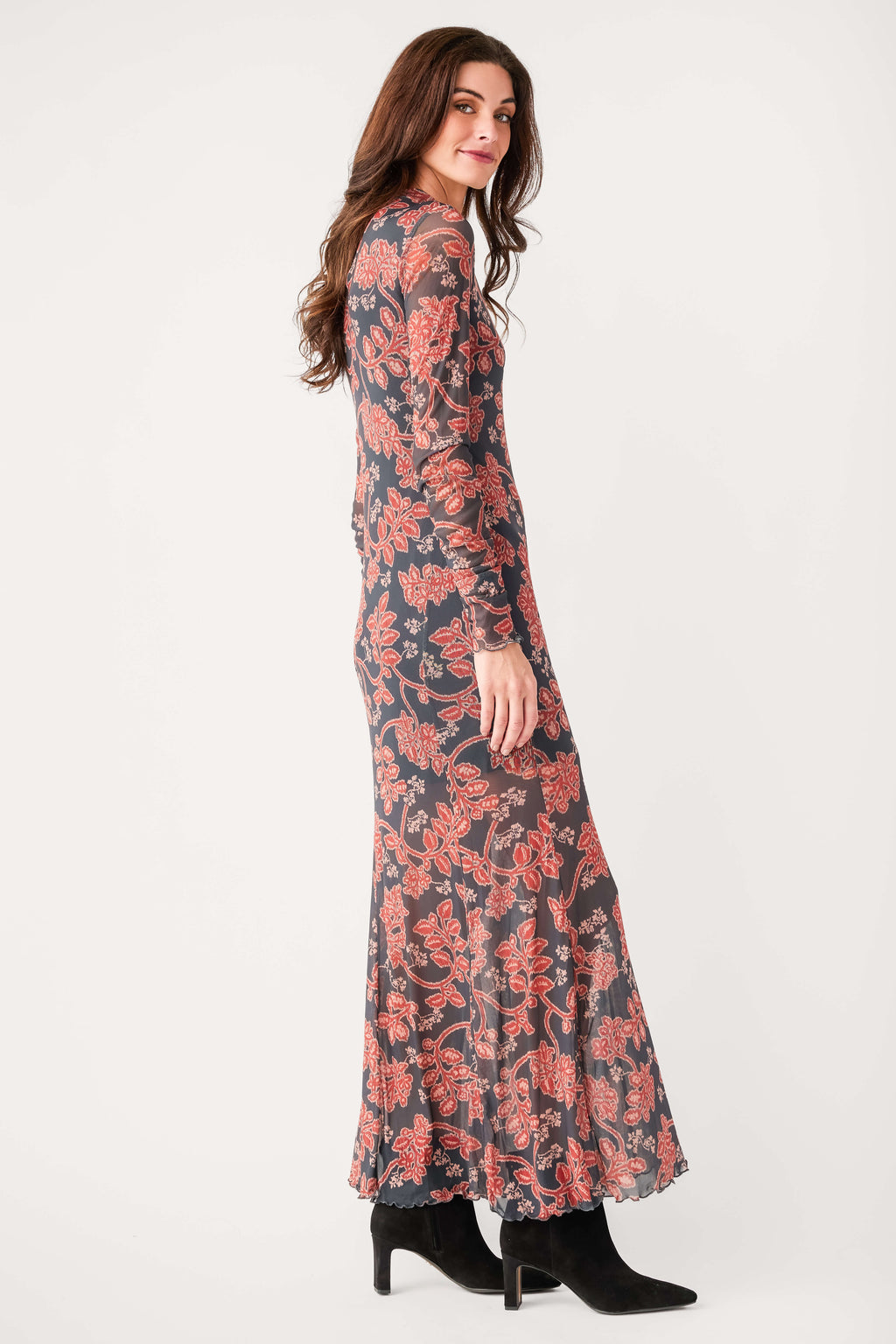 Charcoal floral mockneck maxi dress with long sleeves and flowing maxi length