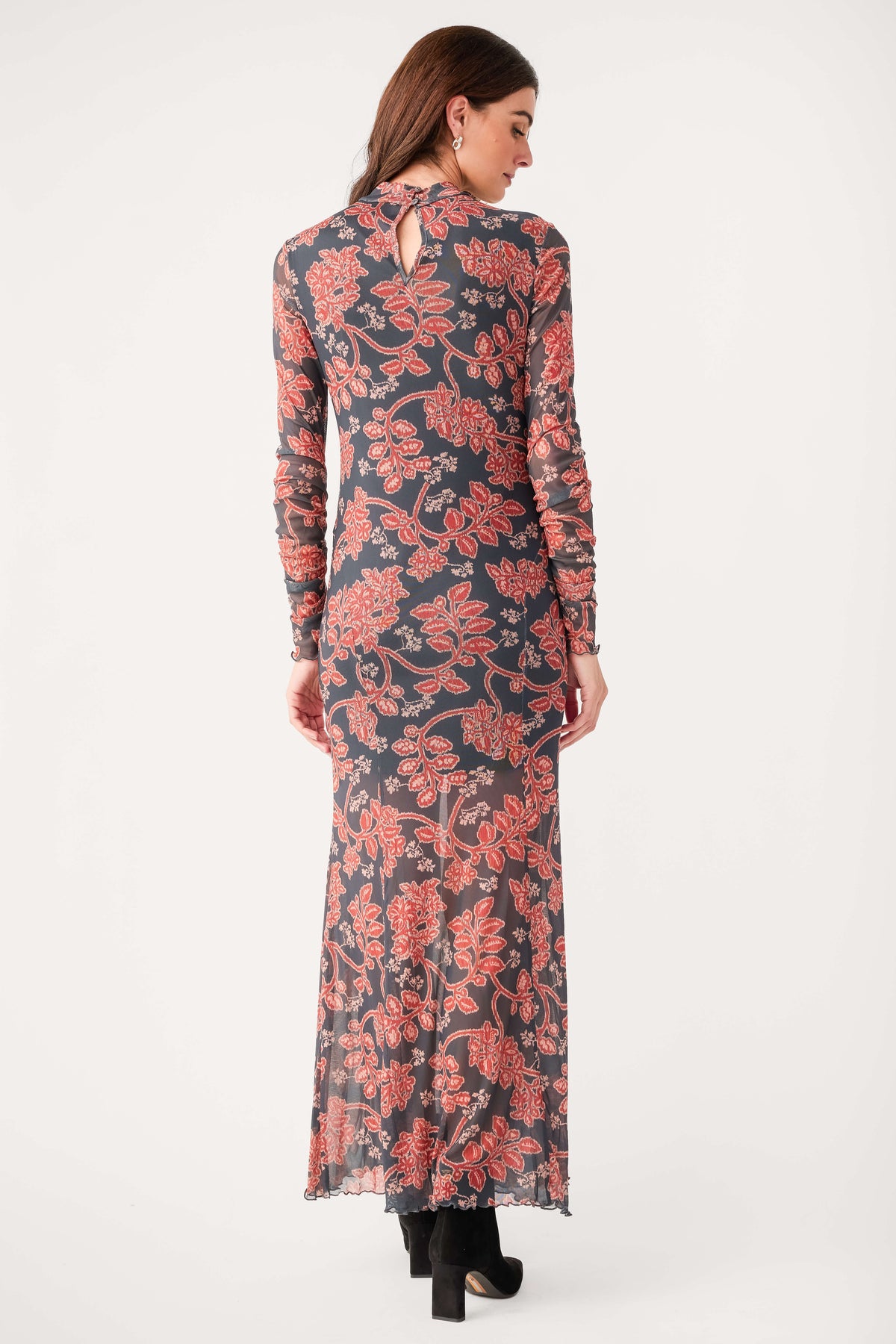 Charcoal floral mockneck maxi dress, back view with long sleeves