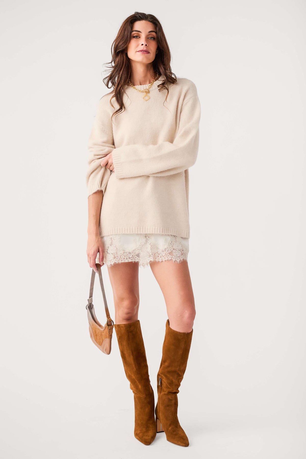 Frosted pearl knit crewneck sweater with lace-trim hem, relaxed fit