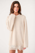 Frosted pearl knit crewneck sweater with ribbed cuffs and lace-trim hem