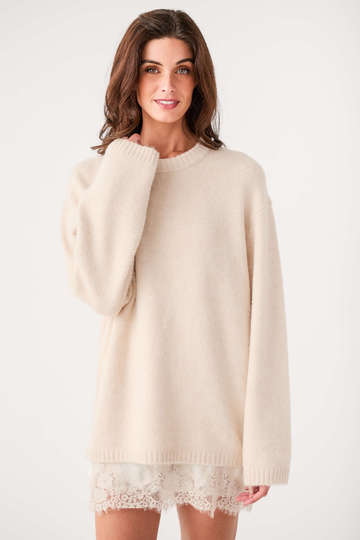 Frosted pearl knit crewneck sweater with ribbed cuffs and lace-trim hem