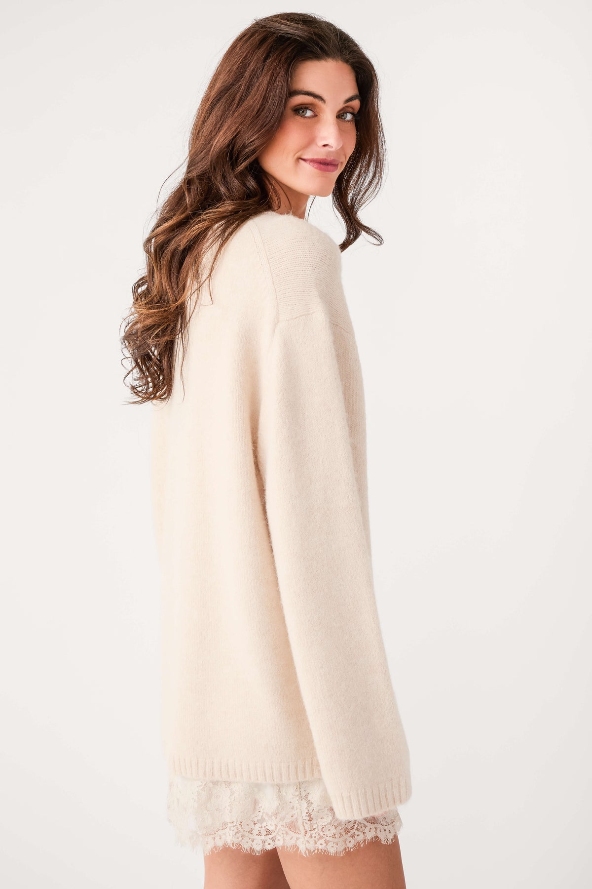 Frosted pearl knit crewneck sweater, side view, ribbed hem and cuffs