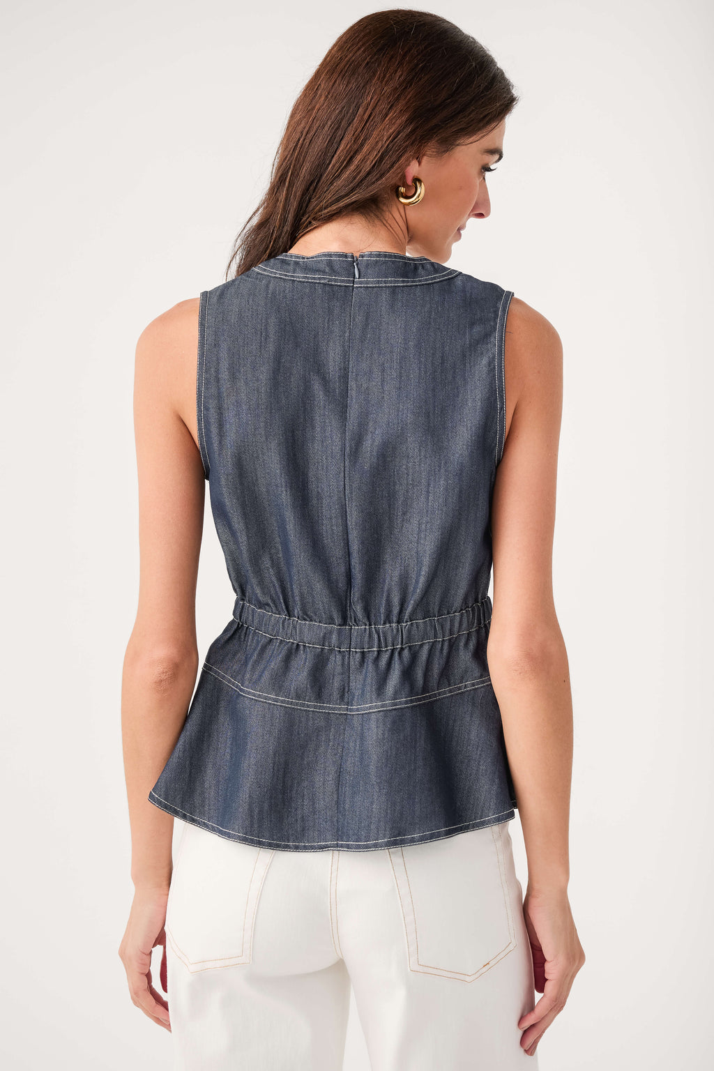Denim belted sleeveless top with peplum hem, back view