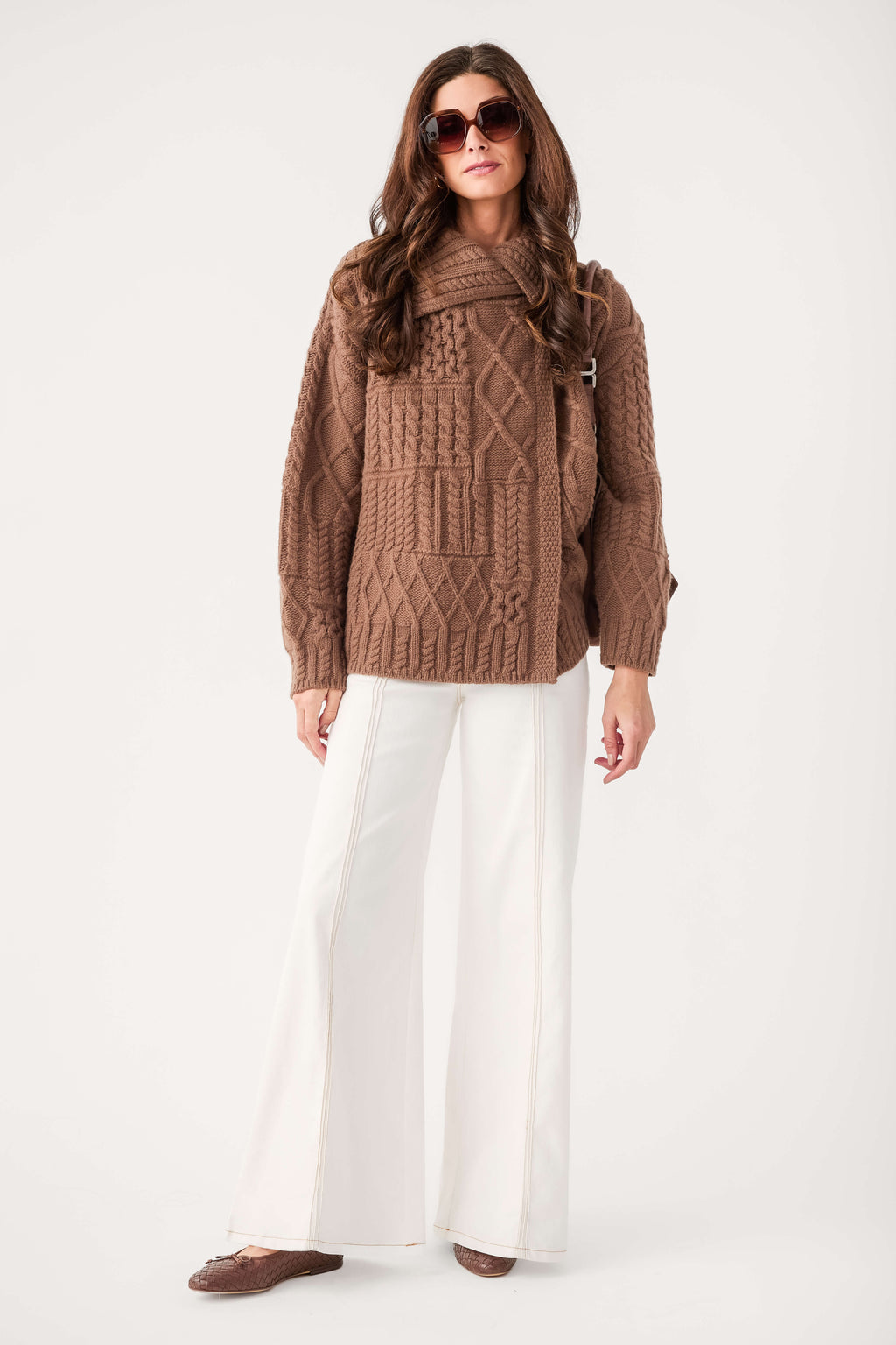 Brown cable-knit wrap cardigan with shawl collar, open front, long sleeves