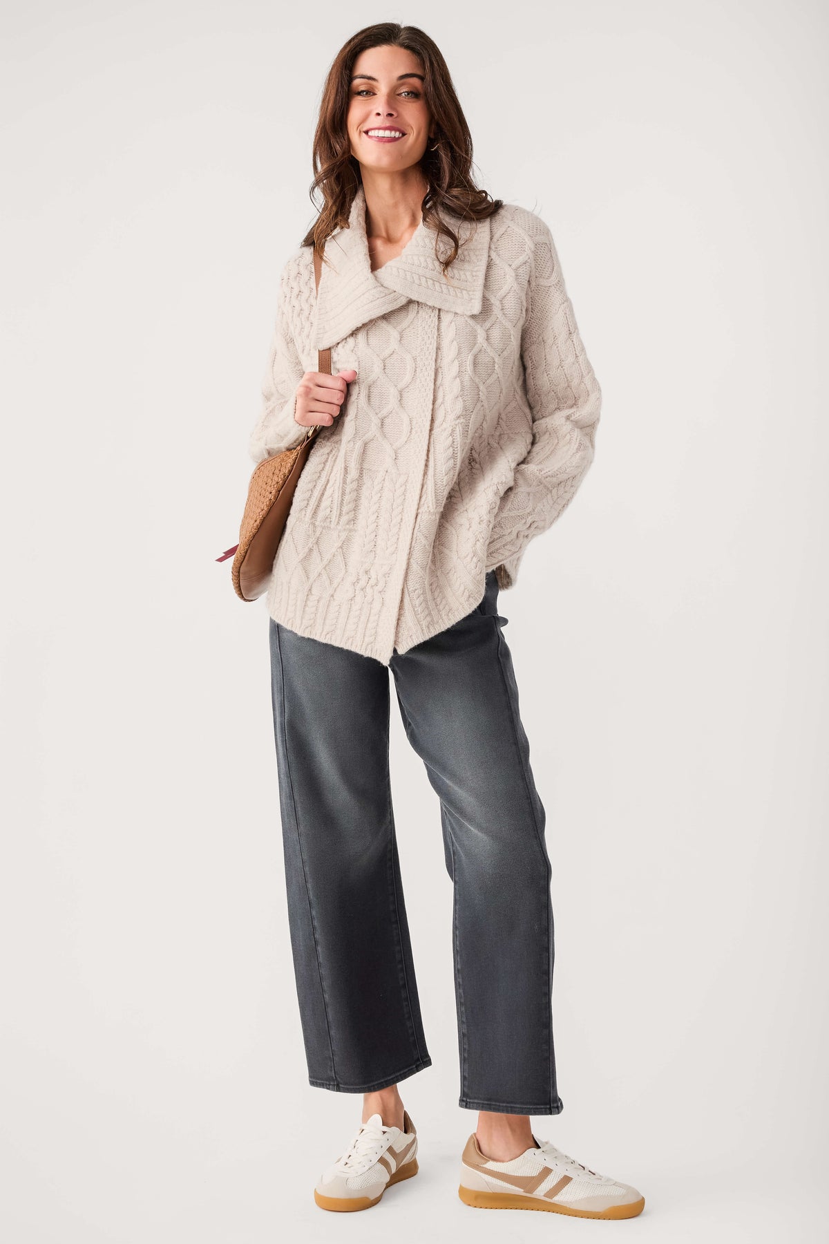 Oat cable-knit wrap cardigan with shawl collar and long sleeves, open front