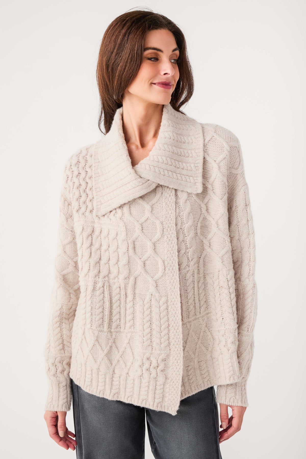 Oat cable-knit wrap cardigan with shawl collar and open front, long sleeves