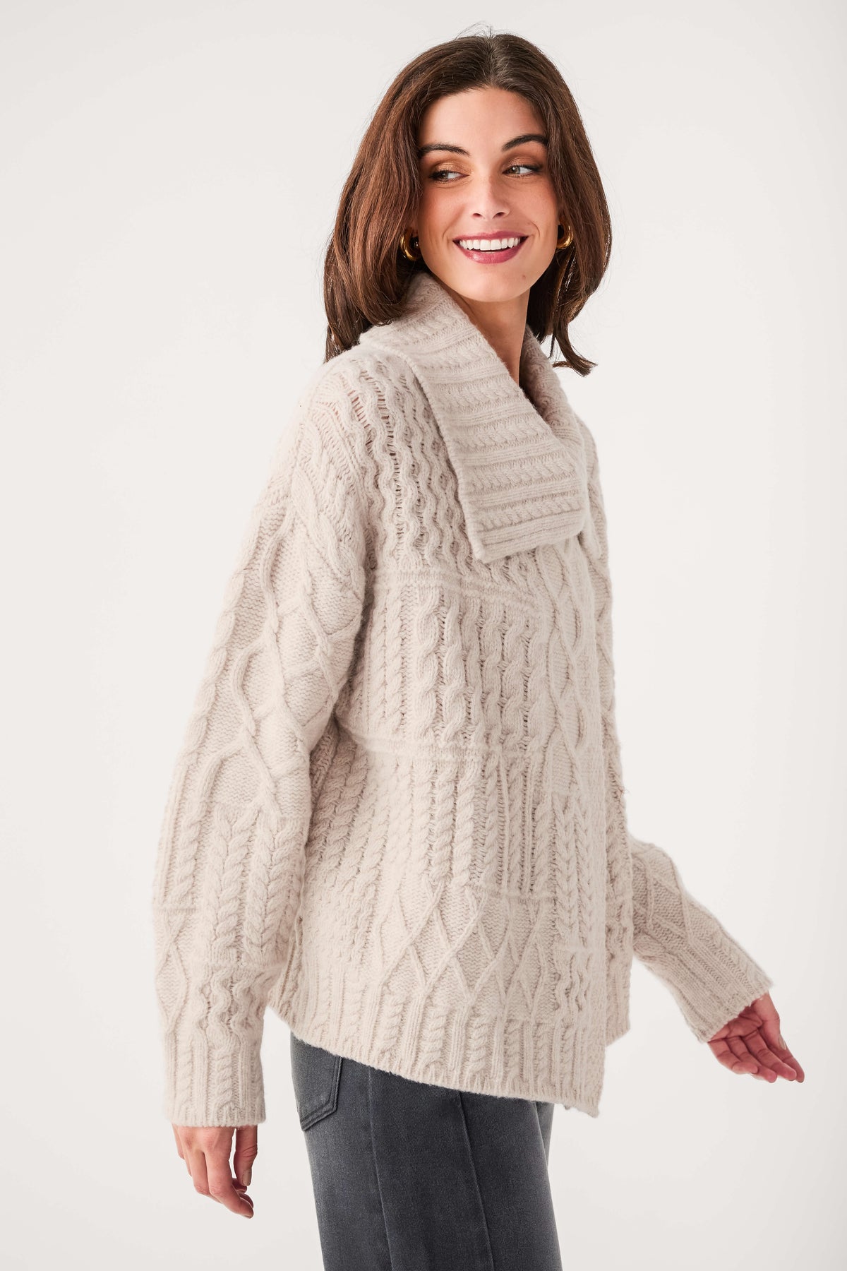 Oat cable-knit wrap cardigan in textured knit with roomy shawl collar