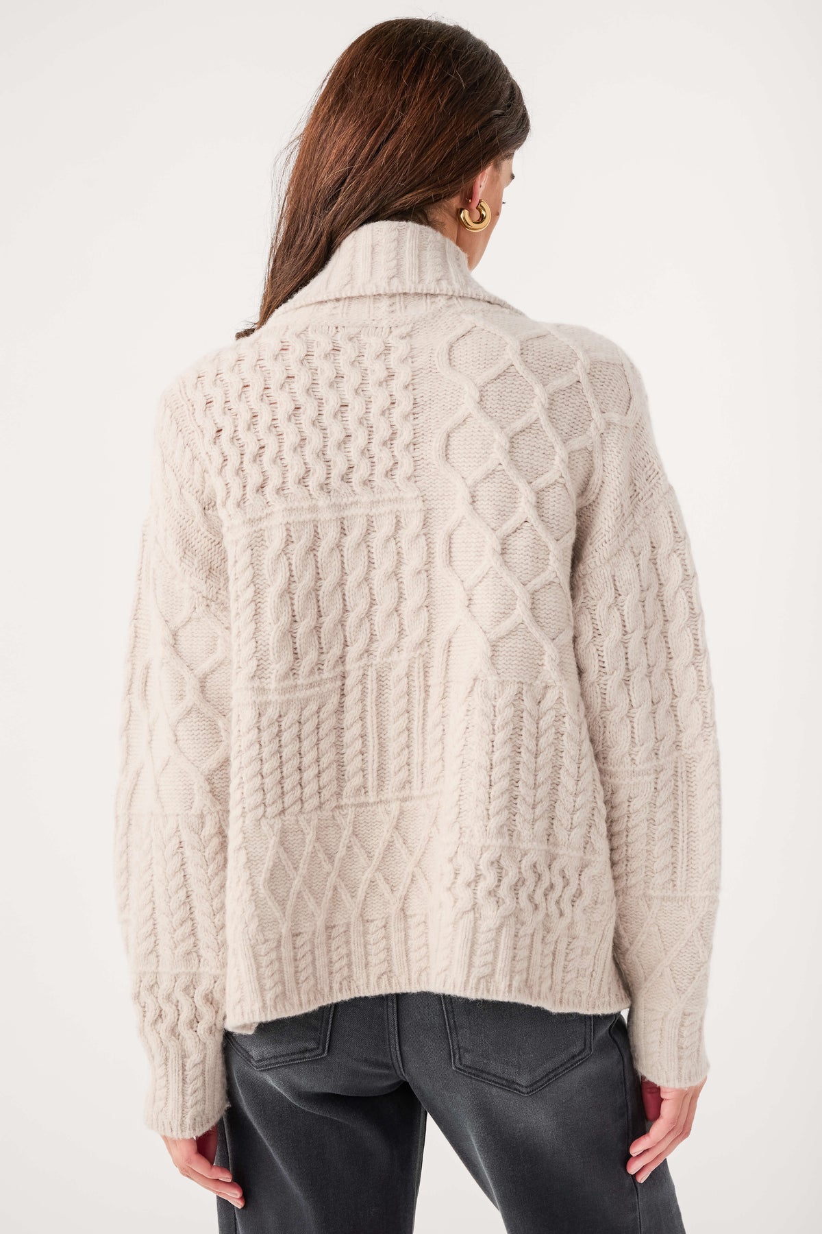 Oat cable-knit wrap cardigan, back view with textured cable and diamond pattern