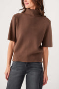 Dark brown short-sleeve turtleneck knit sweater with ribbed collar