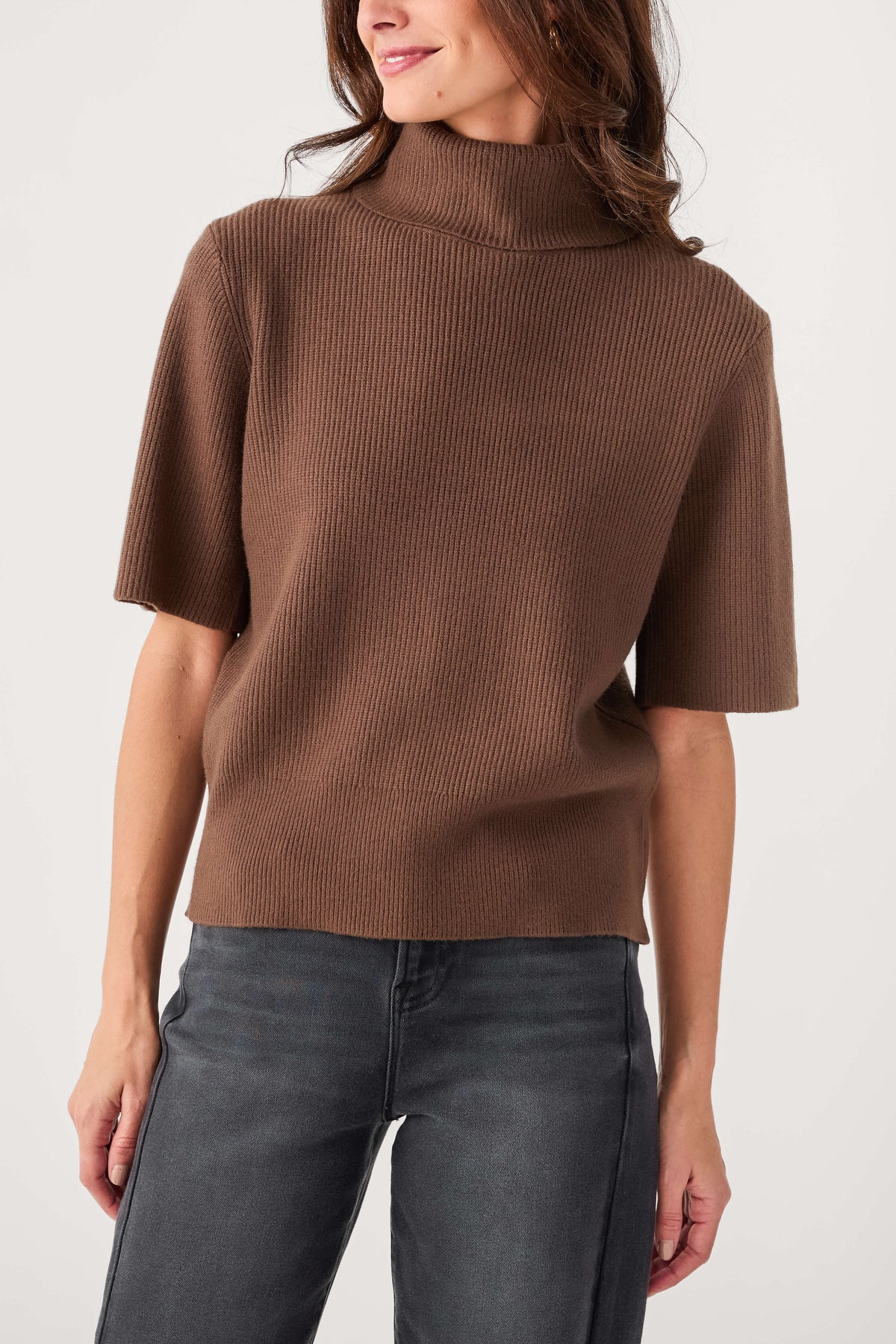 Dark brown short-sleeve turtleneck knit sweater with ribbed collar