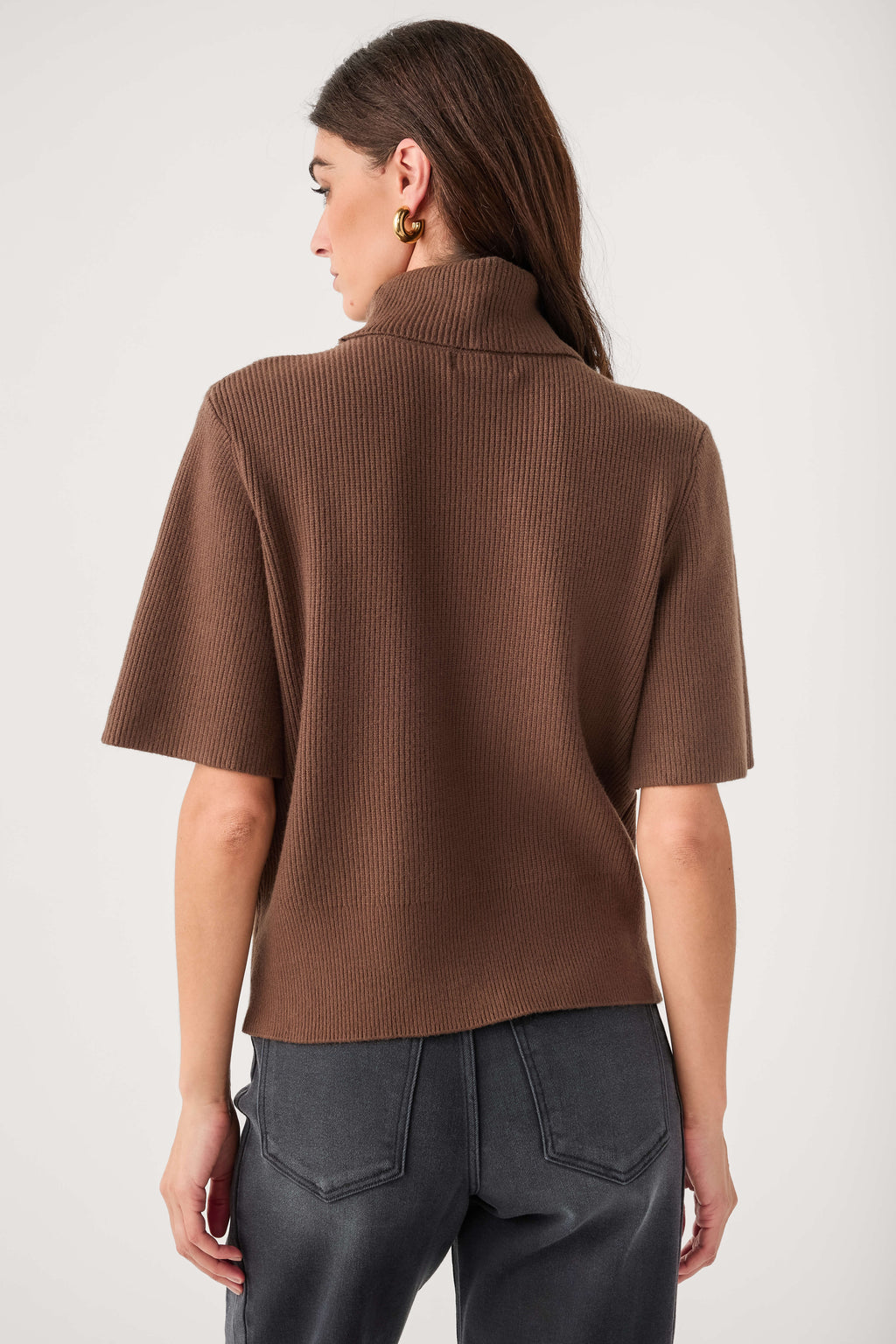 Dark brown short-sleeve turtleneck knit sweater, back view