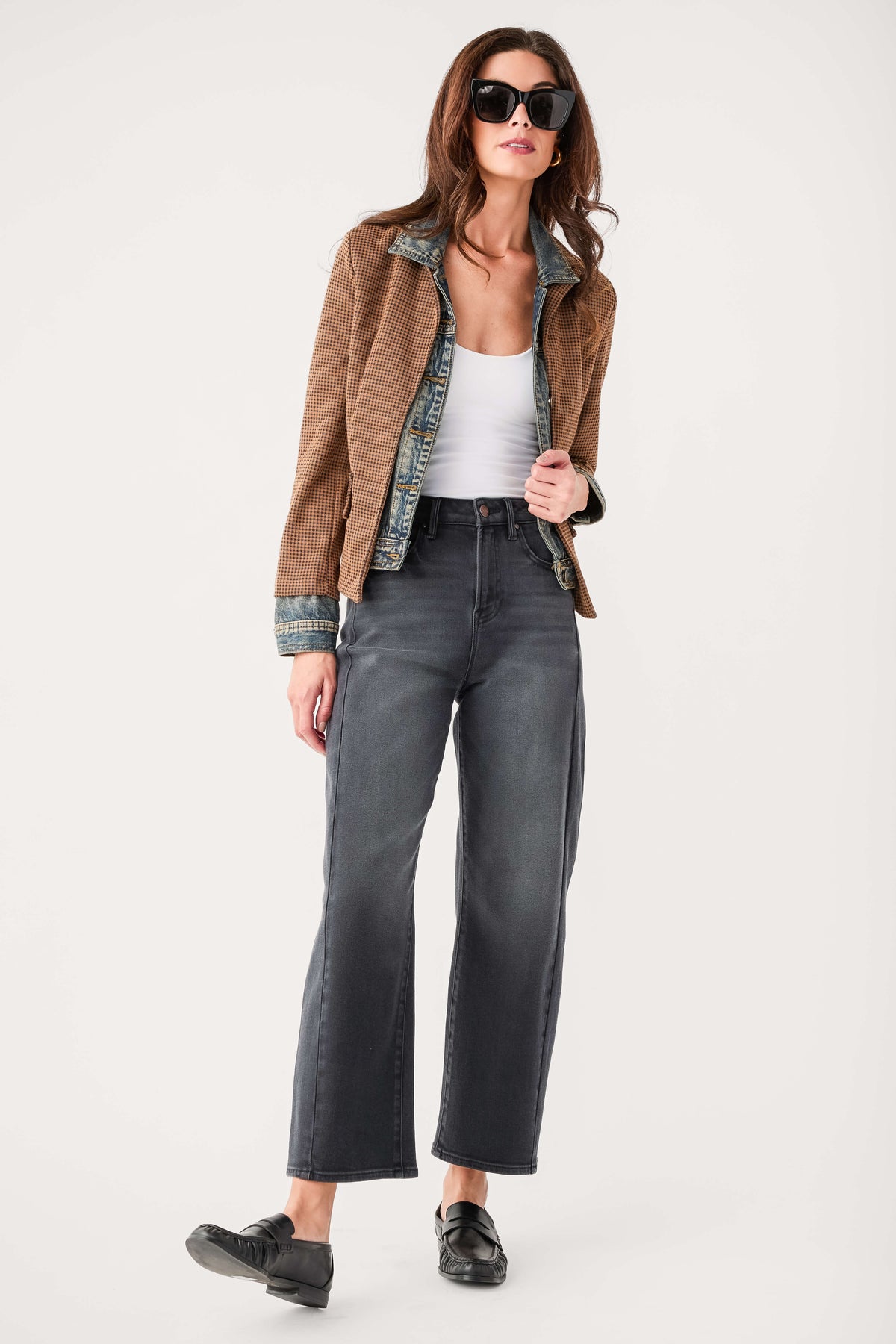 Women’s denim blazer with brown check, contrast denim collar and sleeve cuffs