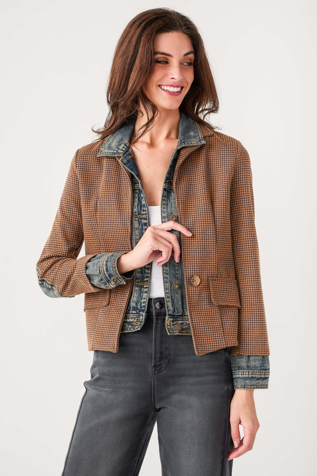 Women’s mixed media denim blazer, brown check with denim lapel and chest flap pockets