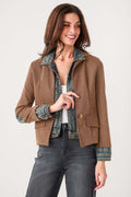 Women’s mixed media denim blazer, brown check with denim lapel and chest flap pockets