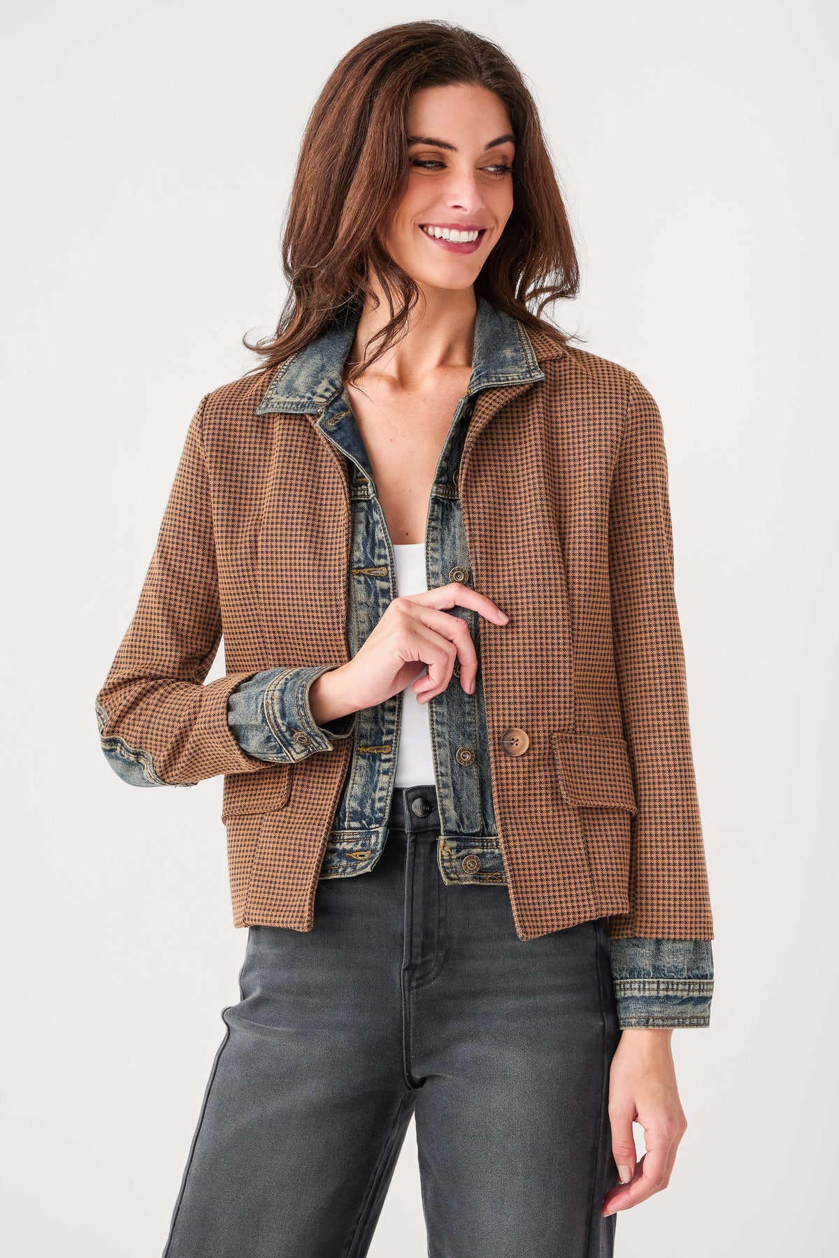 Women’s mixed media denim blazer, brown check with denim lapel and chest flap pockets