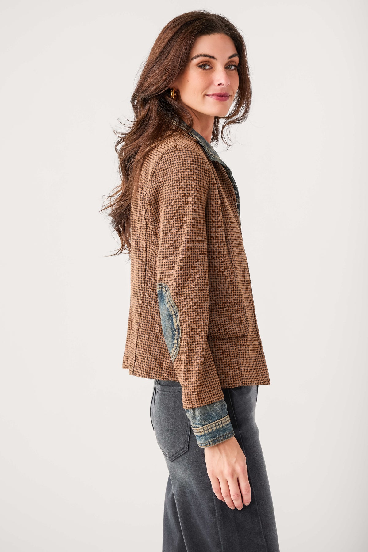 Women’s mixed media denim blazer in brown check with denim sleeve panel and cuff
