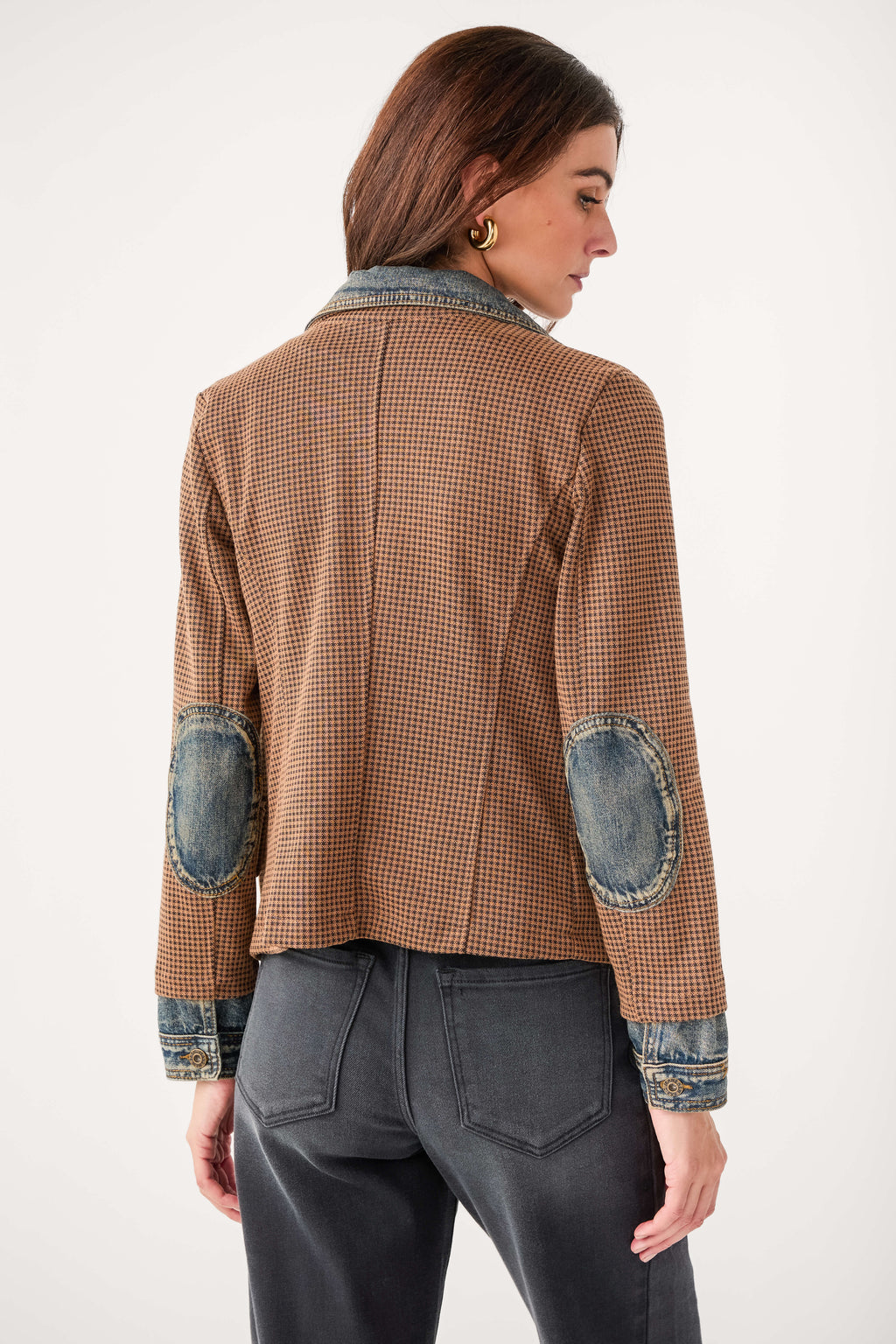 Women’s mixed media denim blazer, brown check back with denim patch pockets on sleeves