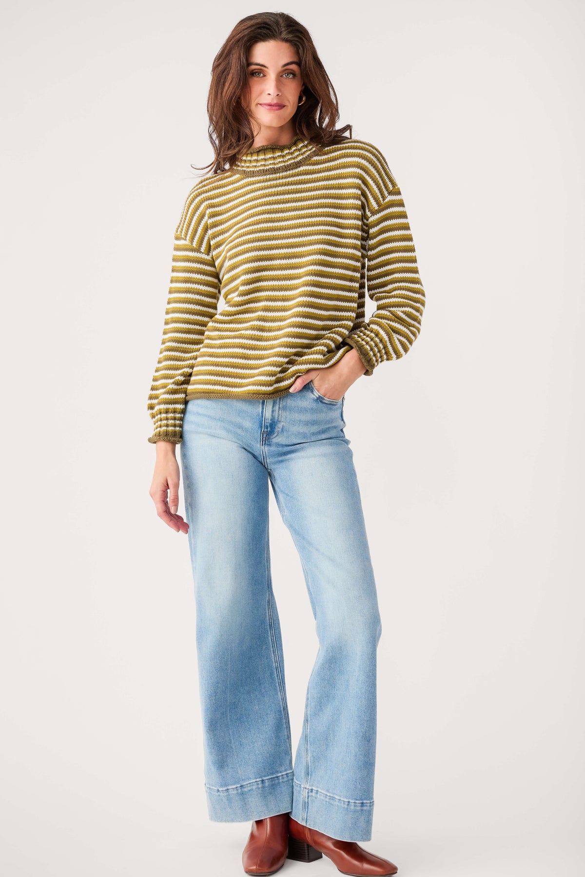 Striped mockneck sweater in mustard, olive, and cream with ribbed cuffs