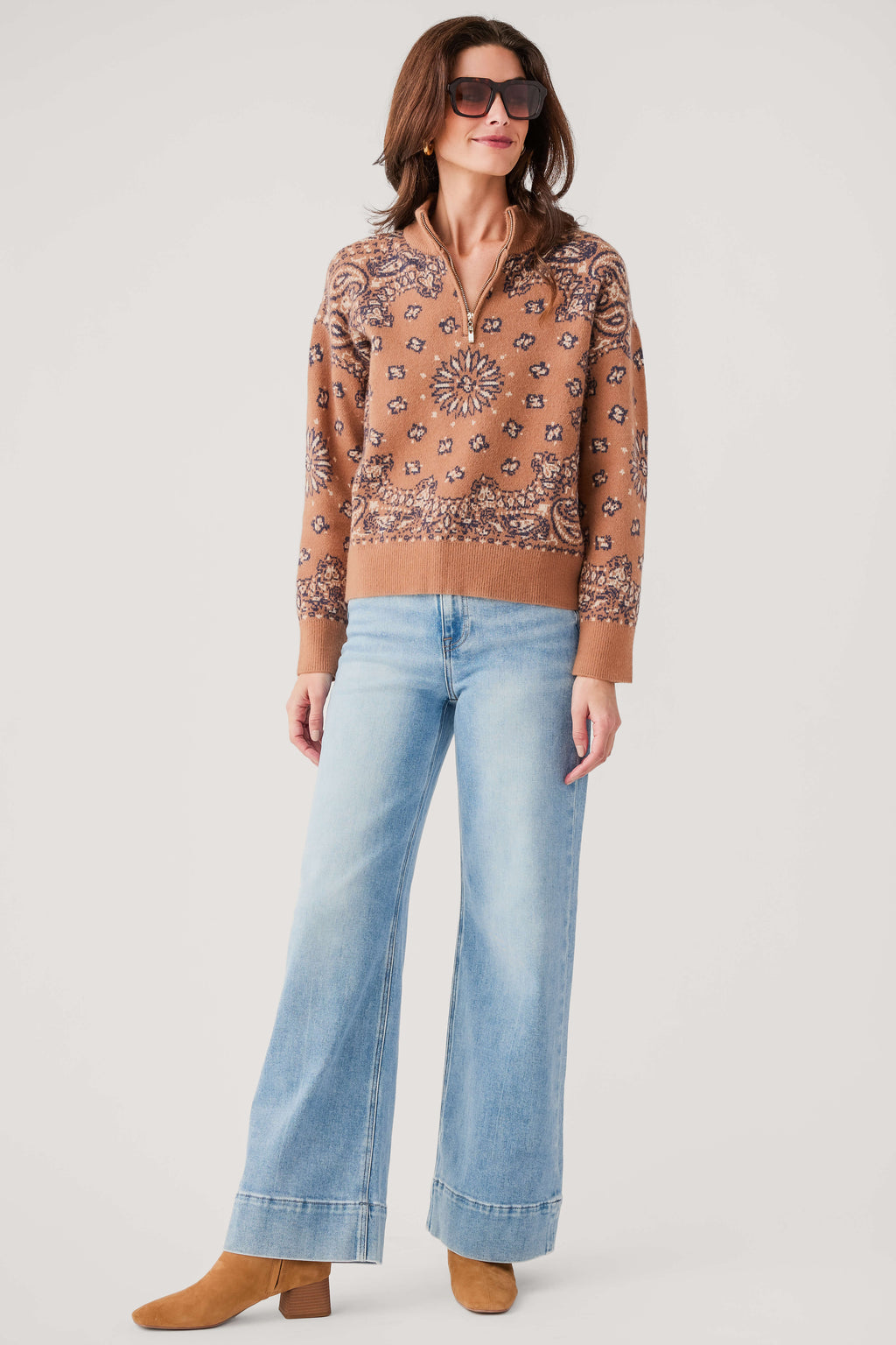 Caramel bandana-print 1/4 zip sweater with long sleeves, ribbed cuffs and hem