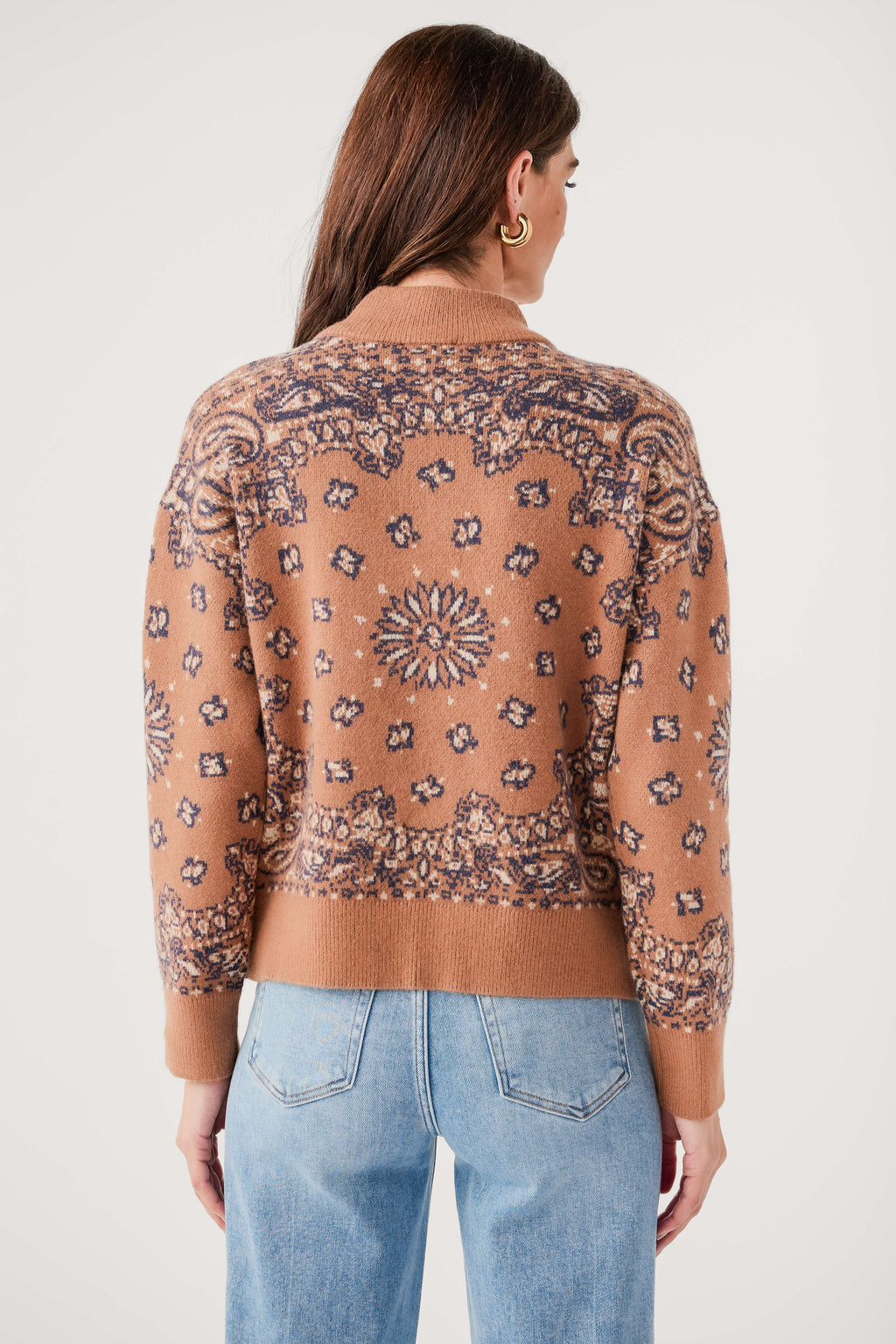 Caramel bandana-print 1/4 zip sweater, back view with central motif and long sleeves
