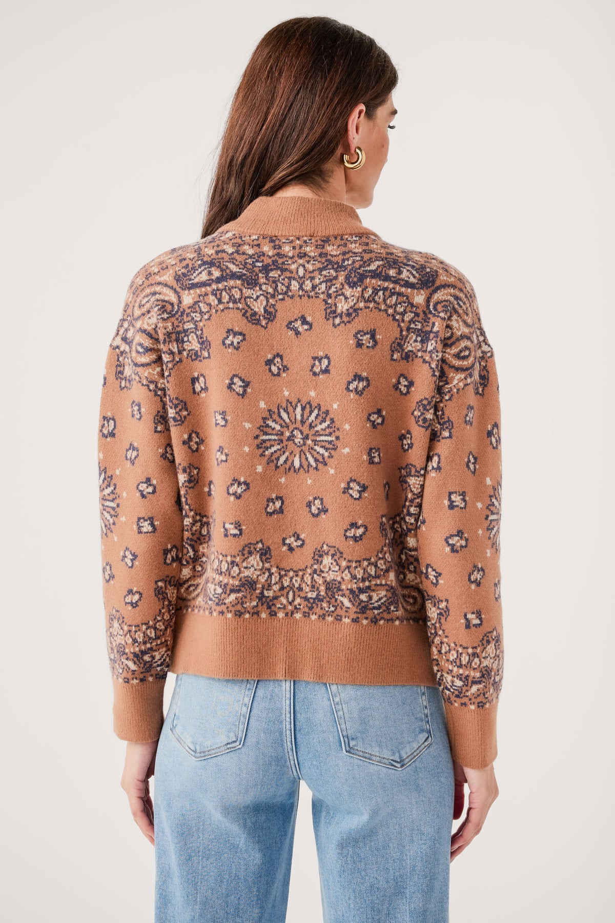 Caramel bandana-print 1/4 zip sweater, back view with central motif and long sleeves