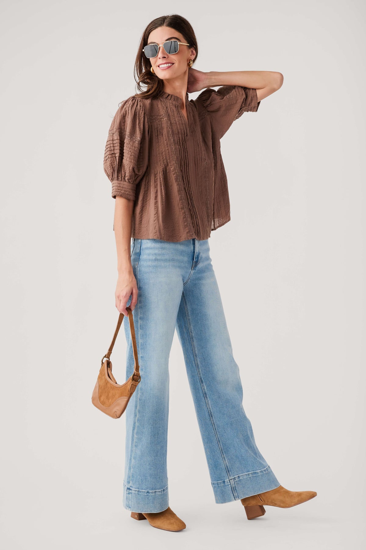 THML Sonoma top in brown with puff sleeves, ruffled collar, loose fit