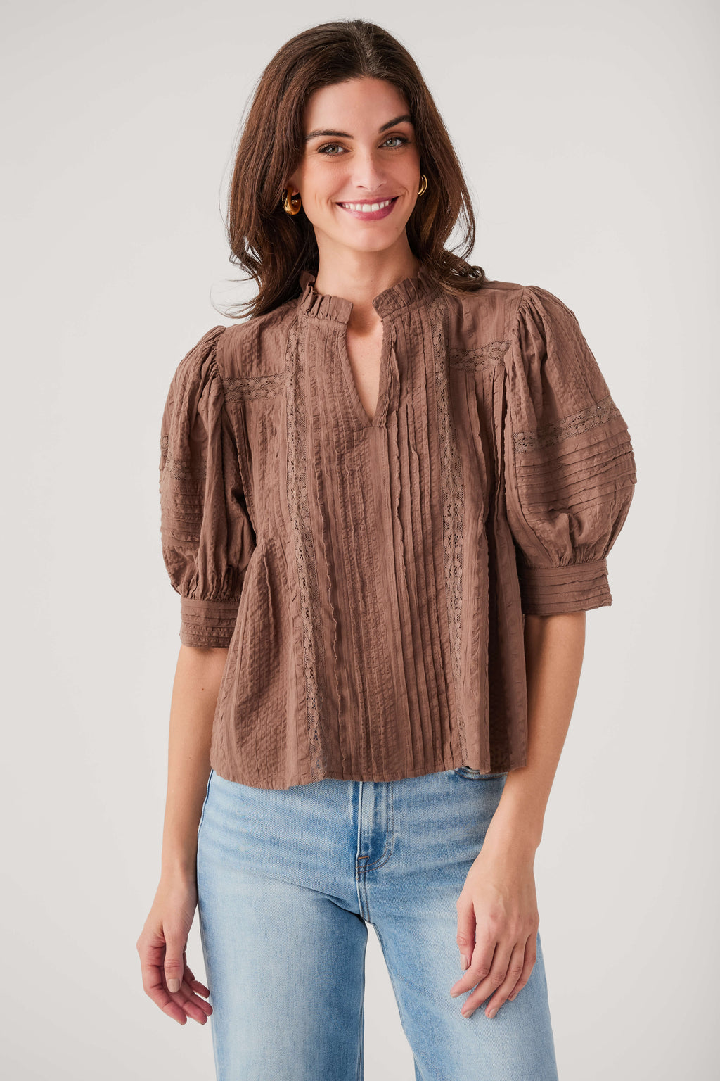 THML Sonoma top in brown with puff sleeves, ruffled neck, vertical stitched texture