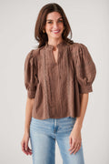 THML Sonoma top in brown with puff sleeves, ruffled neck, vertical stitched texture