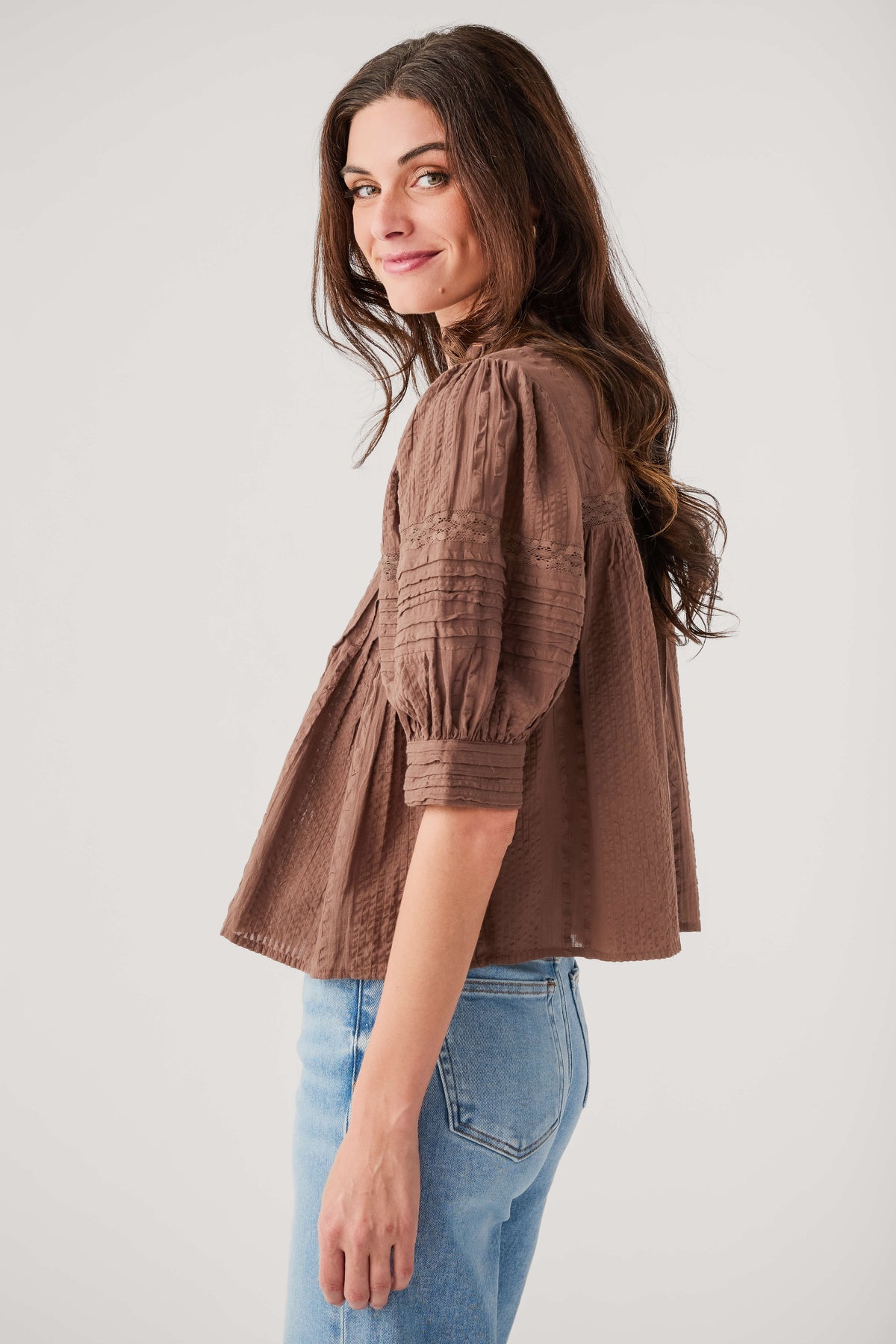 THML Sonoma top in brown with puff sleeves, ruffled yoke, gathered shoulder