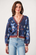 Navy printed cardigan with V-neck, button front, white-and-red contrast trim