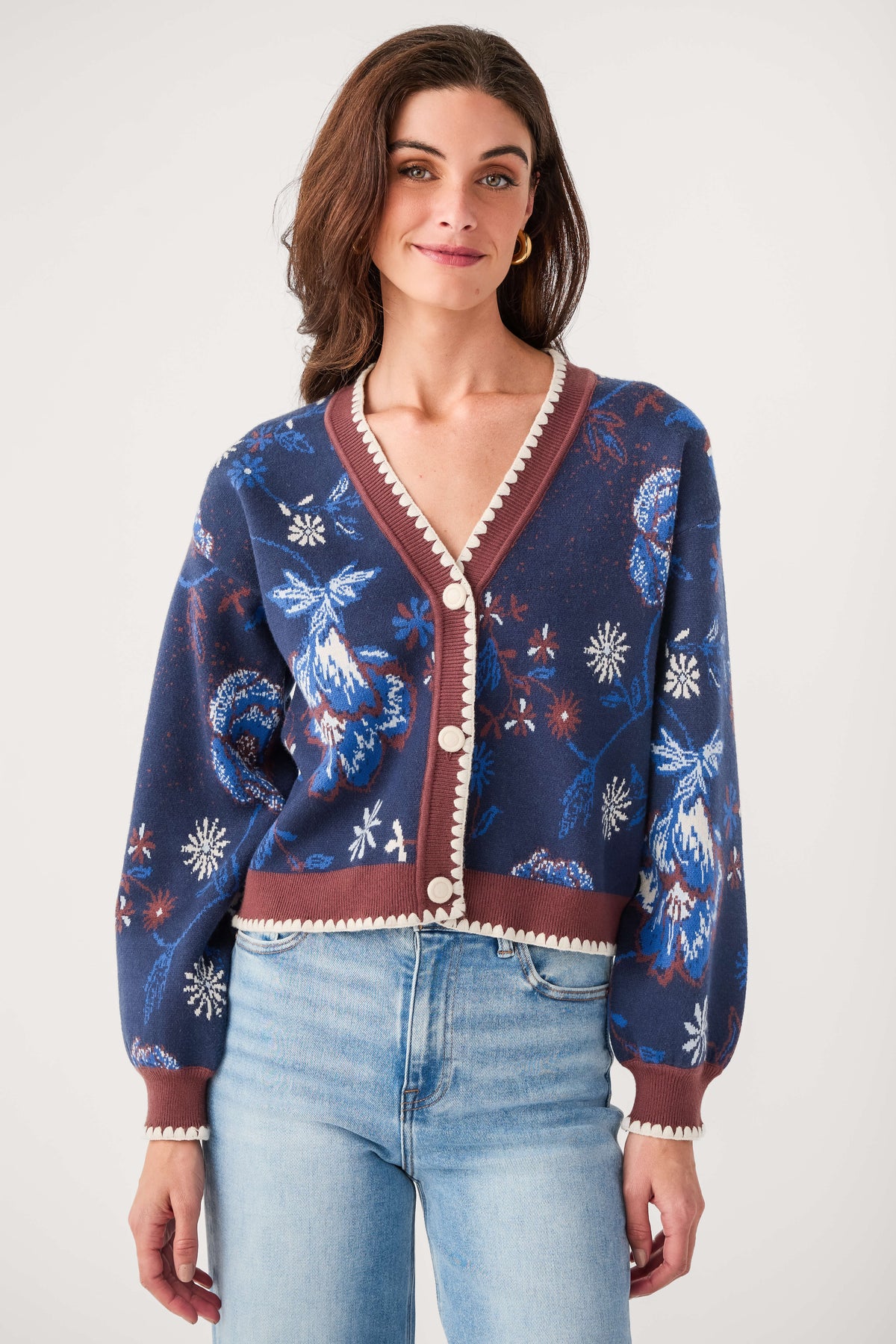 Navy printed cardigan with V-neck, button front, white-and-red contrast trim