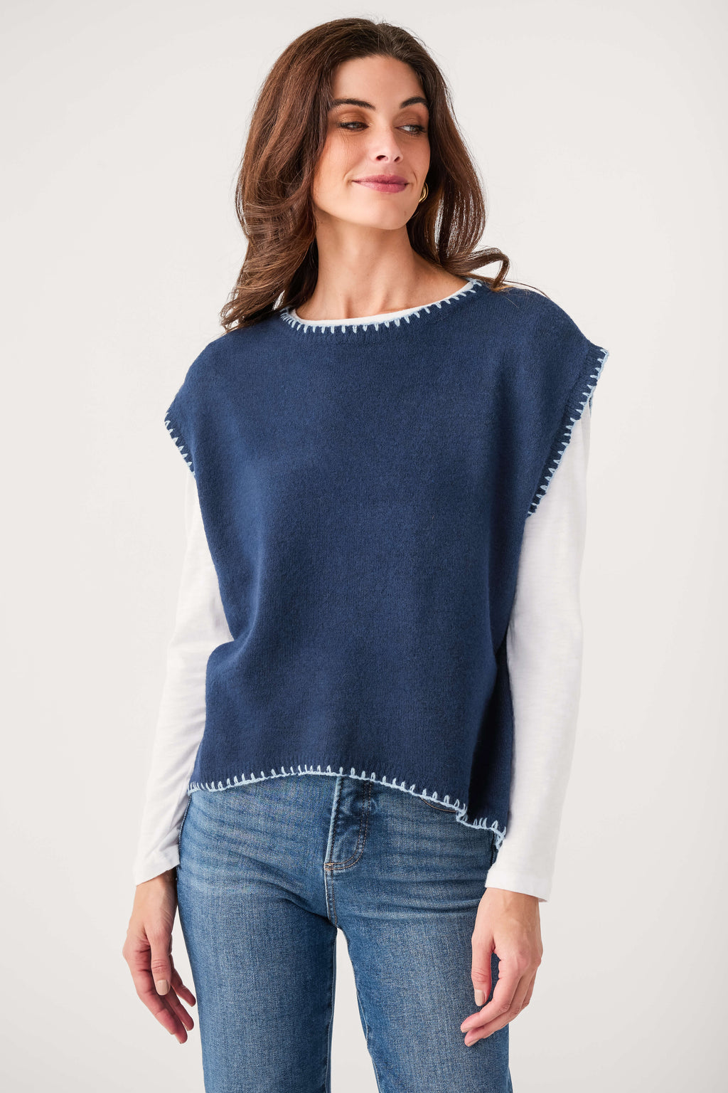 Navy cap sleeve blanket-stitch sweater with contrast white underlayer sleeves