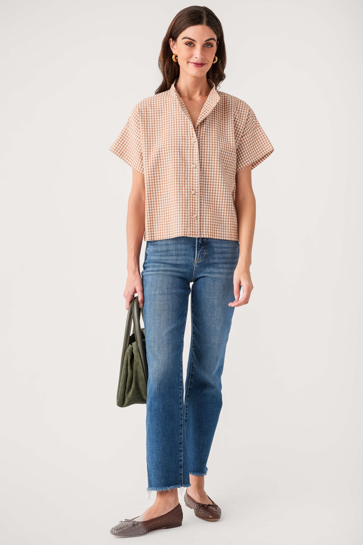 Tan-and-white gingham short-sleeve button-up top with collar