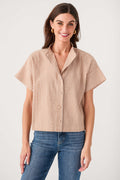 Tan-and-white gingham button-up shirt top with short sleeves and collar