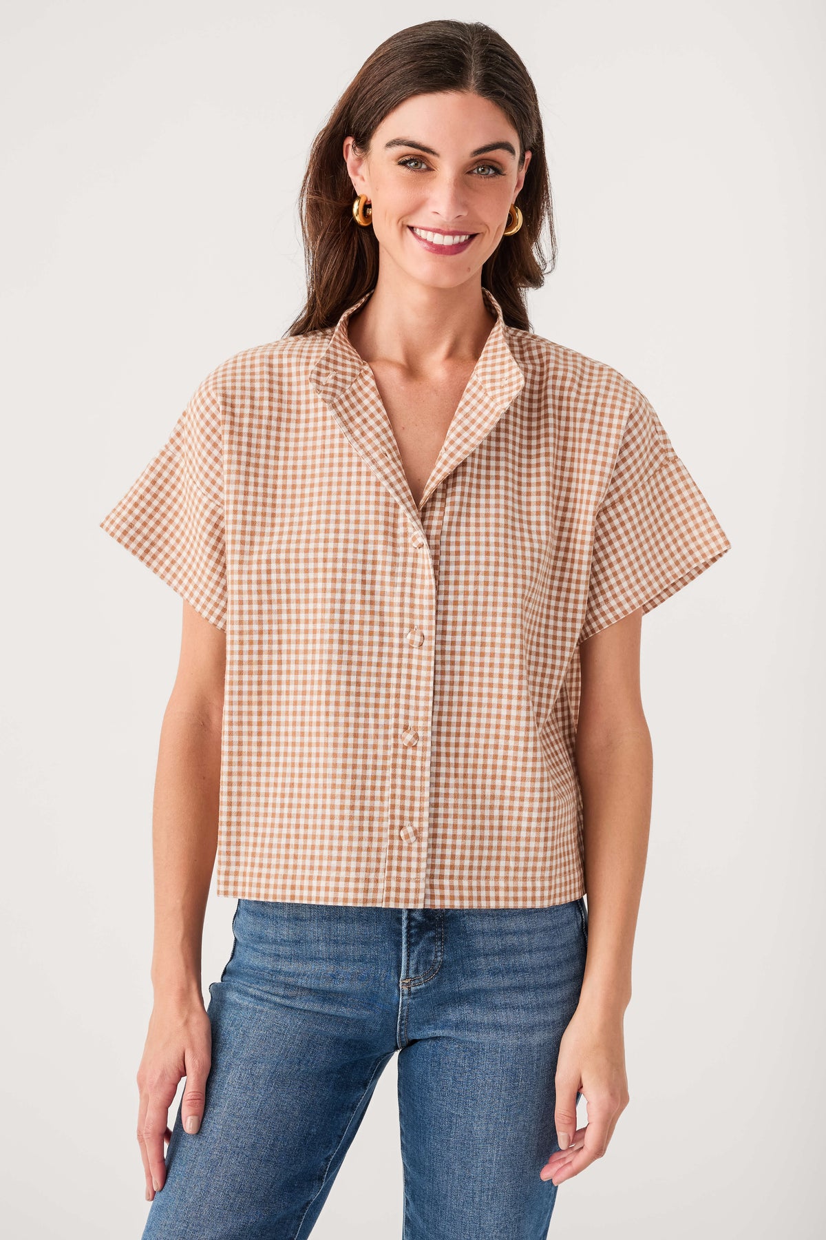 Tan-and-white gingham button-up shirt top with short sleeves and collar