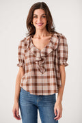 Brown and cream plaid puff-sleeve top with ruffle V-neck and layered front