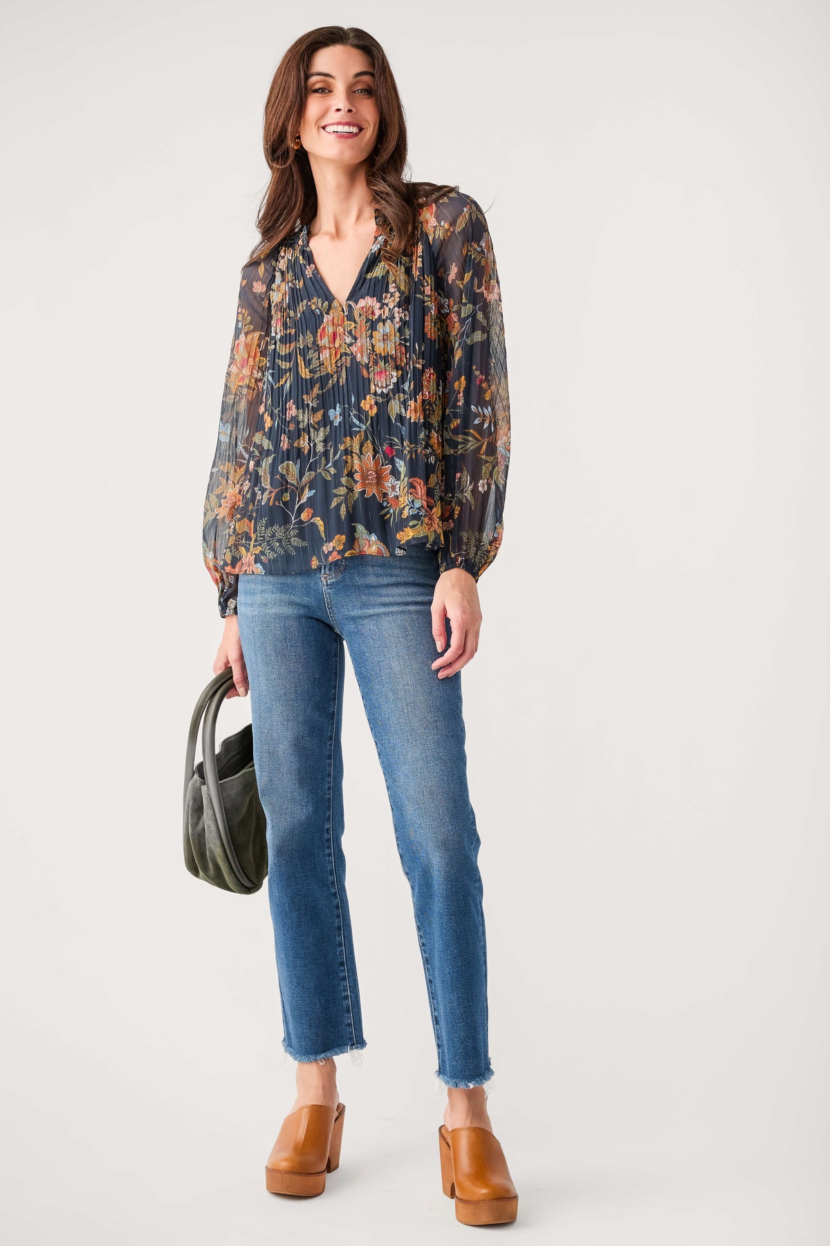 Navy multi floral pleated blouse with V-neck, long sleeves, and cropped length