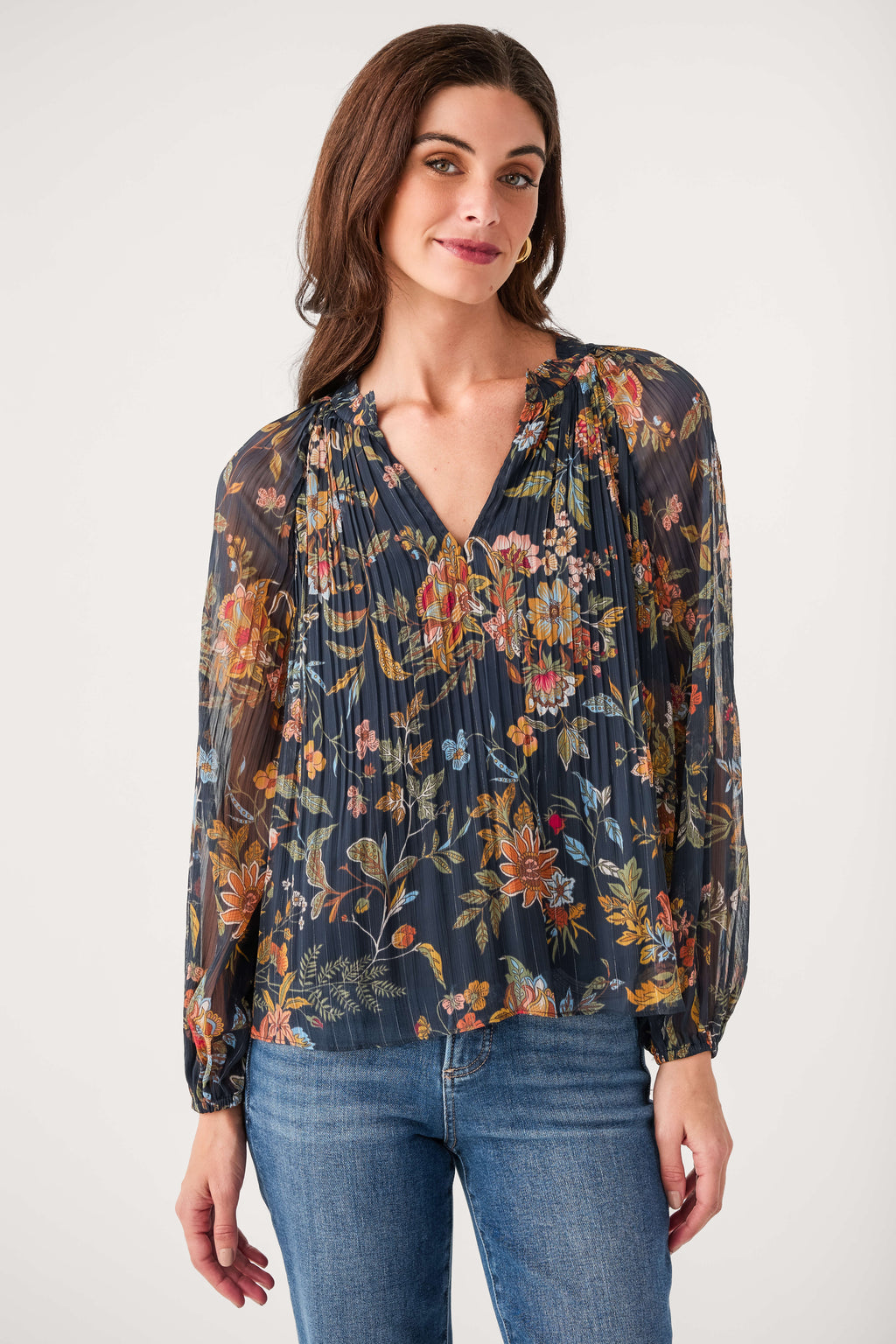 Navy multi floral pleated blouse with V-neck and long gathered sleeves