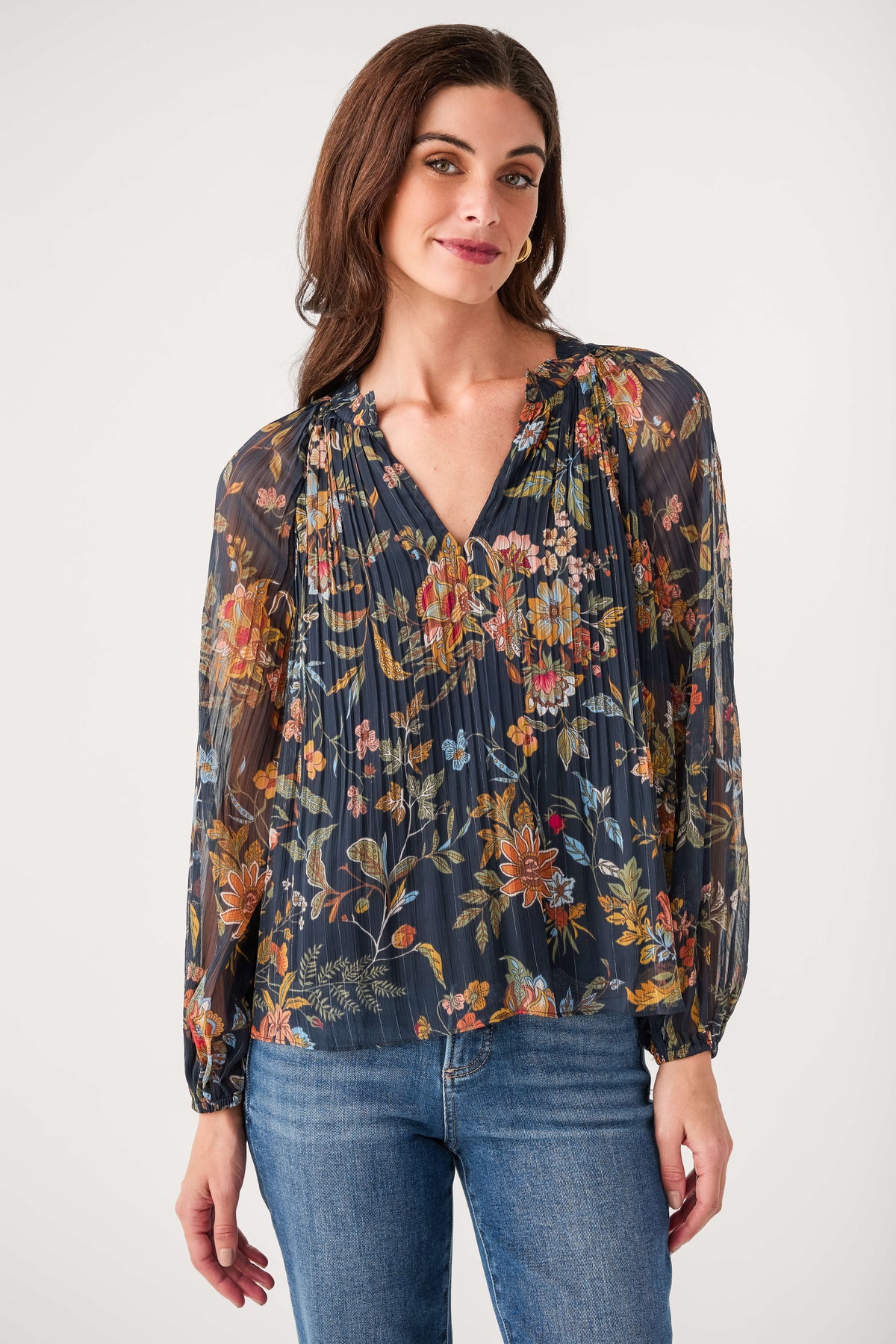 Navy multi floral pleated blouse with V-neck and long gathered sleeves