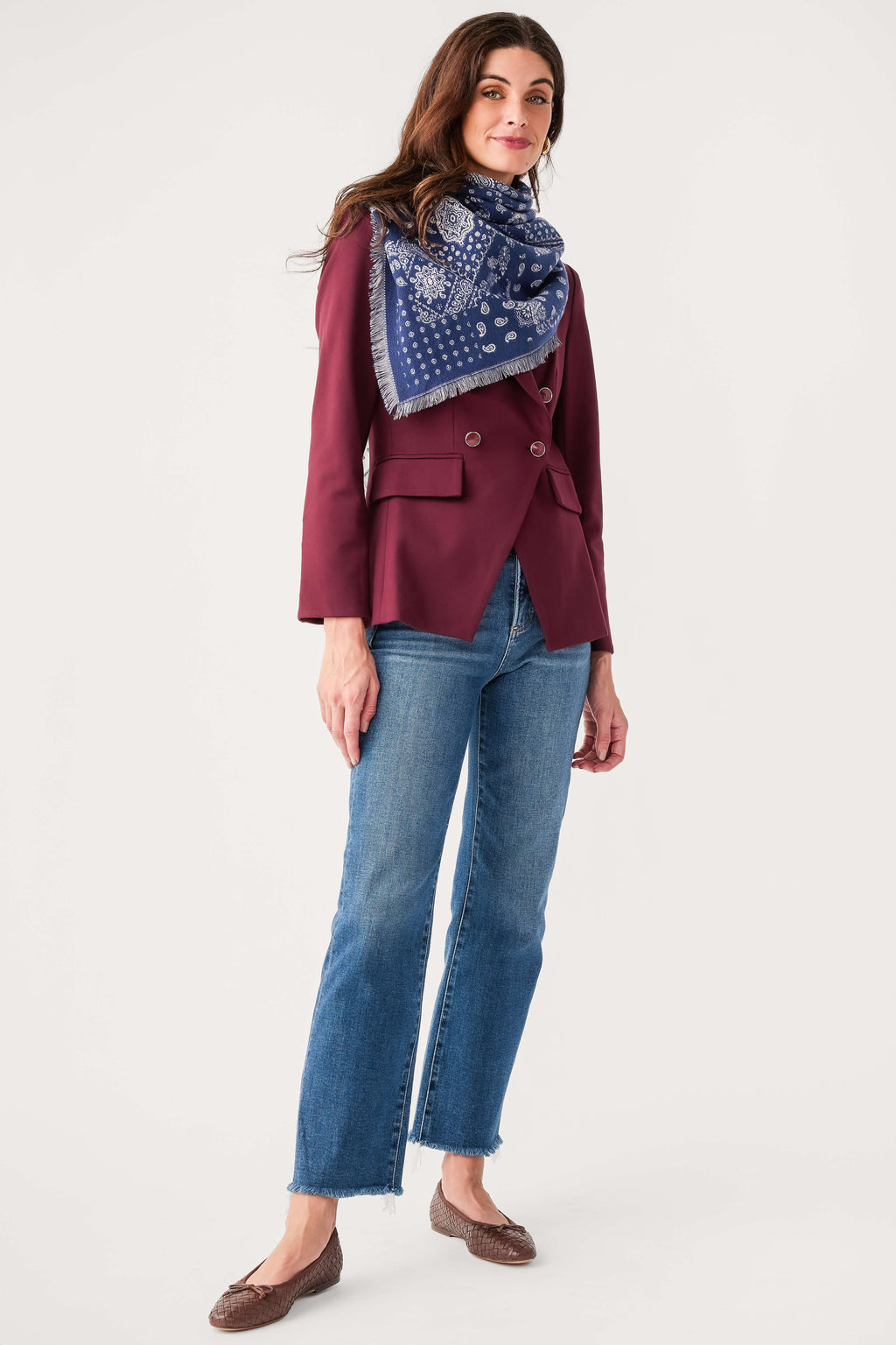 Medium-blue high-rise straight crop jeans with button-front closure and belt loops