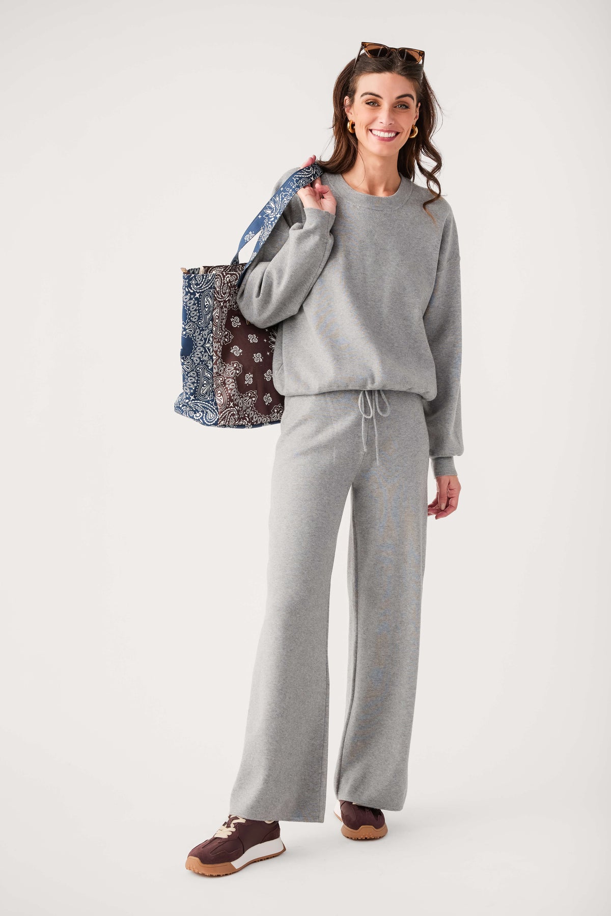 Women's heather gray wide-leg pants with drawstring waist and draped full length