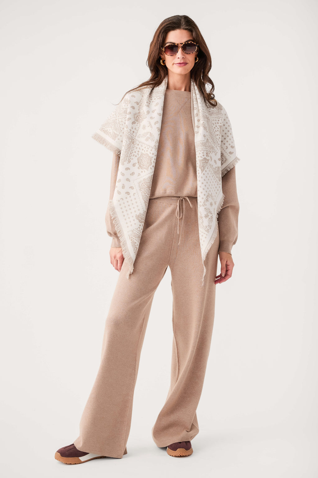 Women's taupe wide-leg pants with drawstring waist and loose everyday fit