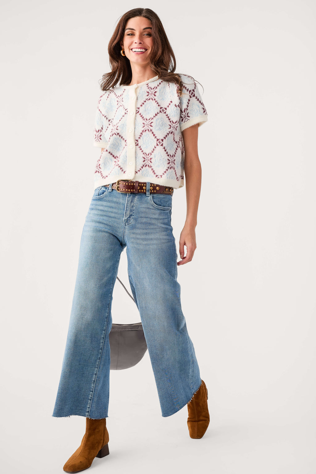 Ivory short-sleeve sweater top, button front, red and blue floral diamond print