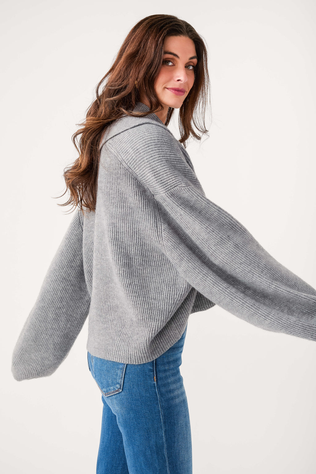 Heather grey shawl-collar cardigan side view with long sleeves and draped shape