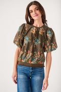 Dark brown floral embroidered top with short puff sleeves and curved hem